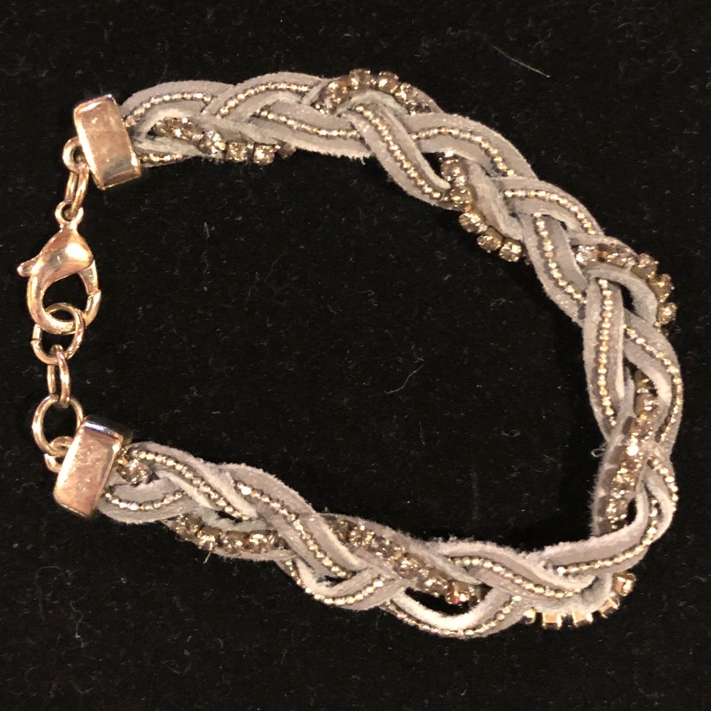 Gray Suede and Amber Rhinestone Braided Bracelet